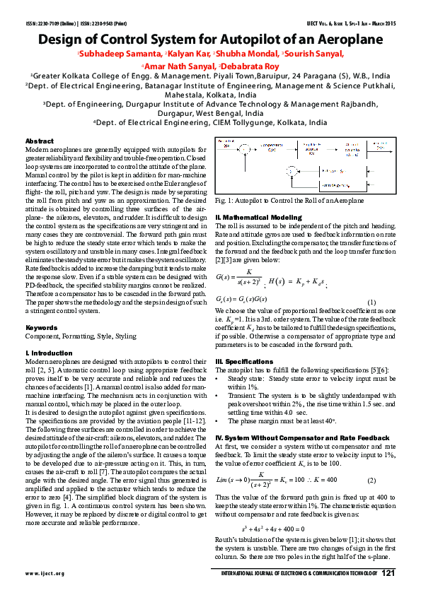 (PDF) Design of Control System for Autopilot of an Aeroplane