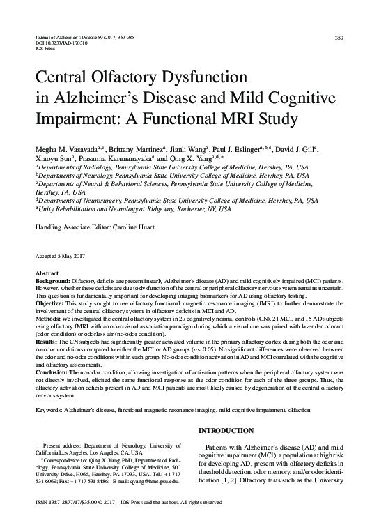 (PDF) Central Olfactory Dysfunction in Alzheimer’s Disease and Mild ...