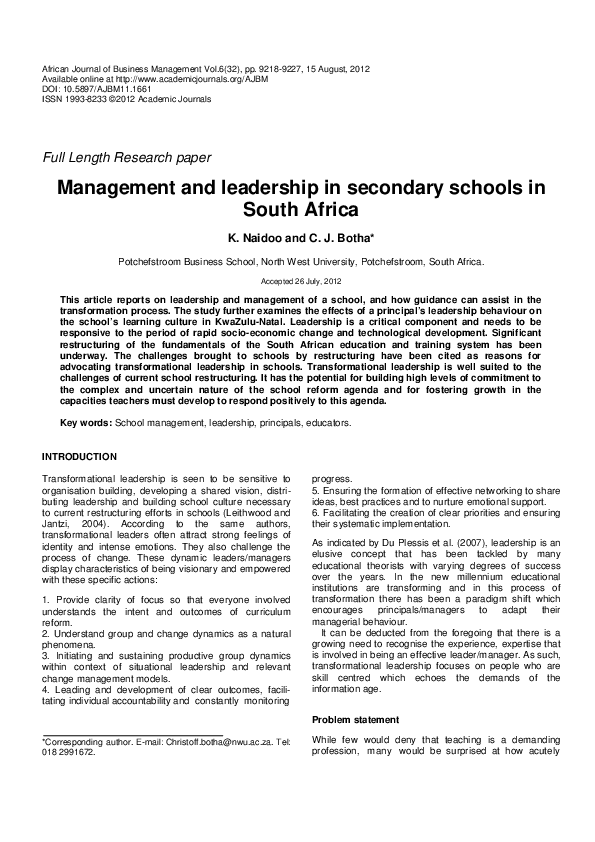 (PDF) Management and leadership in secondary schools in South Africa