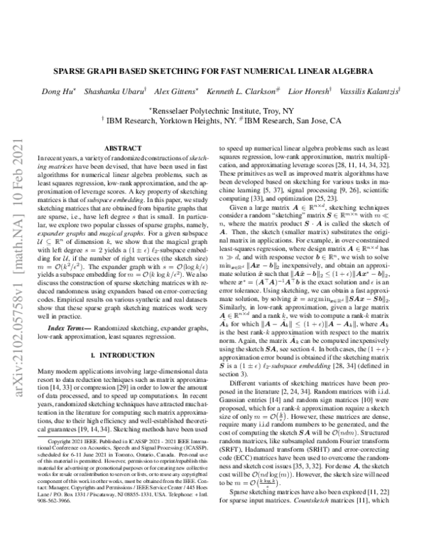 (PDF) Sparse Graph Based Sketching for Fast Numerical Linear Algebra