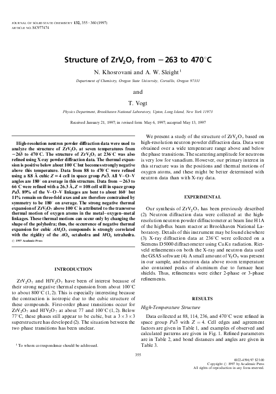 (PDF) Structure of ZrV2O7from −263 to 470°C