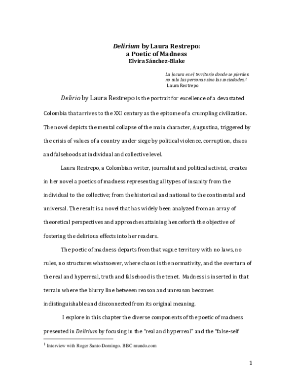 (PDF) Delirium by Laura Restrepo a Poetic of Madness Elvira E. E L V I R A SanchezBlake