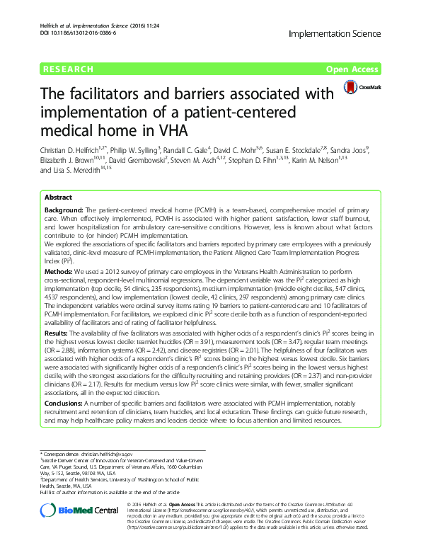 (PDF) The facilitators and barriers associated with implementation of a ...