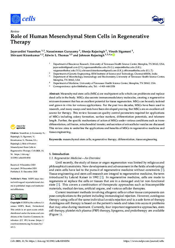 (PDF) Role of Human Mesenchymal Stem Cells in Regenerative Therapy