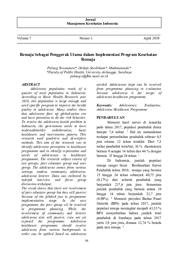 (PDF) Remaja Sebagai Penggerak Utama dalam Implementasi Program