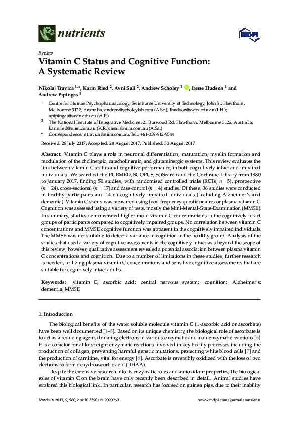 (PDF) Vitamin C Status and Cognitive Function A Systematic Review