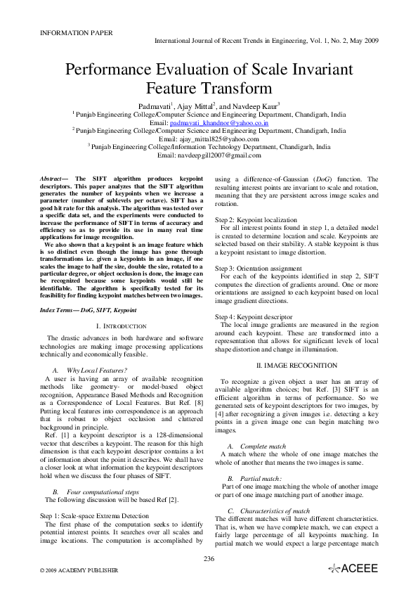 (PDF) Performance Evaluation of Scale Invariant Feature Transform