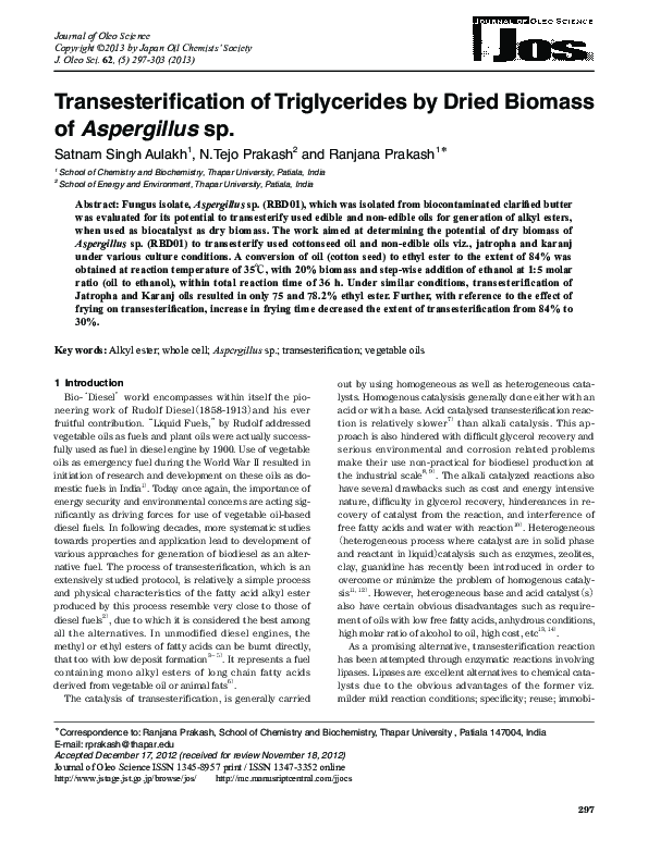 (PDF) Transesterification of Triglycerides by Dried Biomass of ...