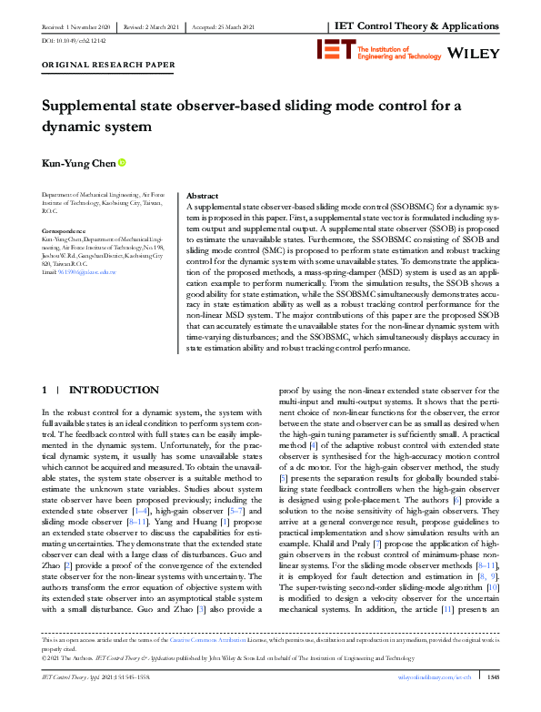 (PDF) Supplemental state observer‐based sliding mode control for a ...