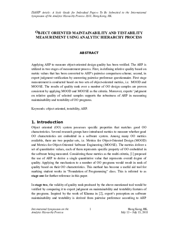 (PDF) Object Oriented Maintainability and Testability Measurement Using ...