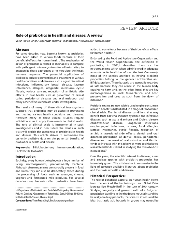 (PDF) Role of probiotics in health and disease: a review