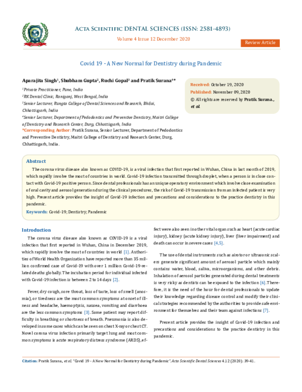 (PDF) Covid 19 - A New Normal for Dentistry during Pandemic