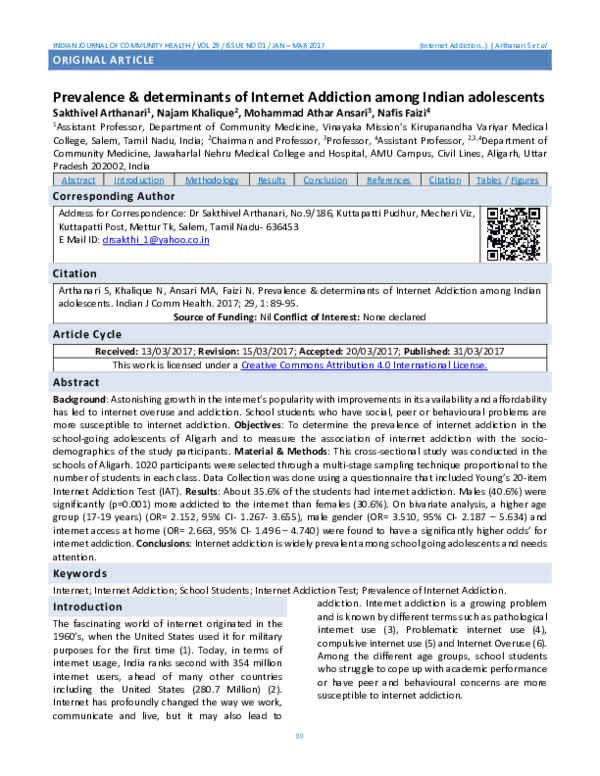 (PDF) Prevalence & determinants of Internet Addiction among Indian ...