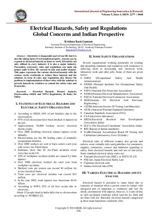 (PDF) Electrical Hazards, Safety and Regulations Global Concerns and Indian Perspective