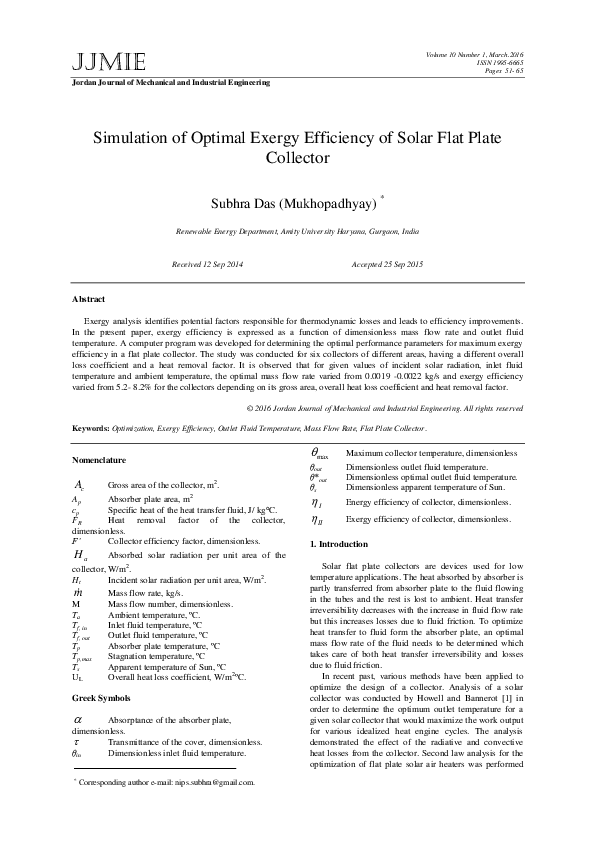 (PDF) Simulation of Optimal Exergy Efficiency of Solar Flat Plate Collector