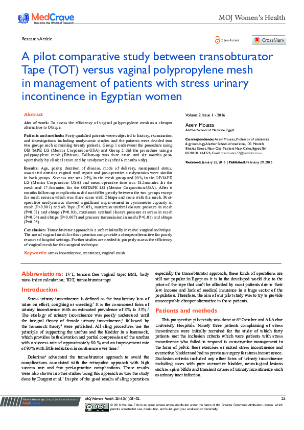 (PDF) A Pilot Comparative Study between Transobturator Tape (TOT ...