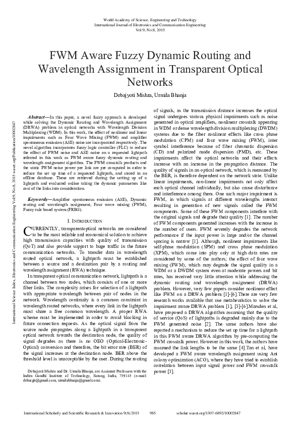 (PDF) Fwm Aware Fuzzy Dynamic Routing And Wavelength Assignment In ...