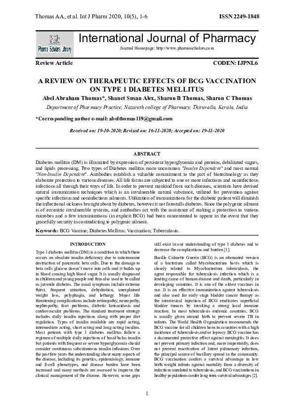 (PDF) A Review on Therapeutic Effects of BCG Vaccination on Type 1 ...