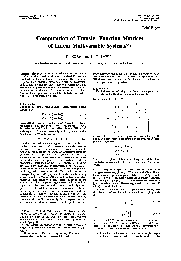 (PDF) Computation of transfer function matrices of linear multivariable ...