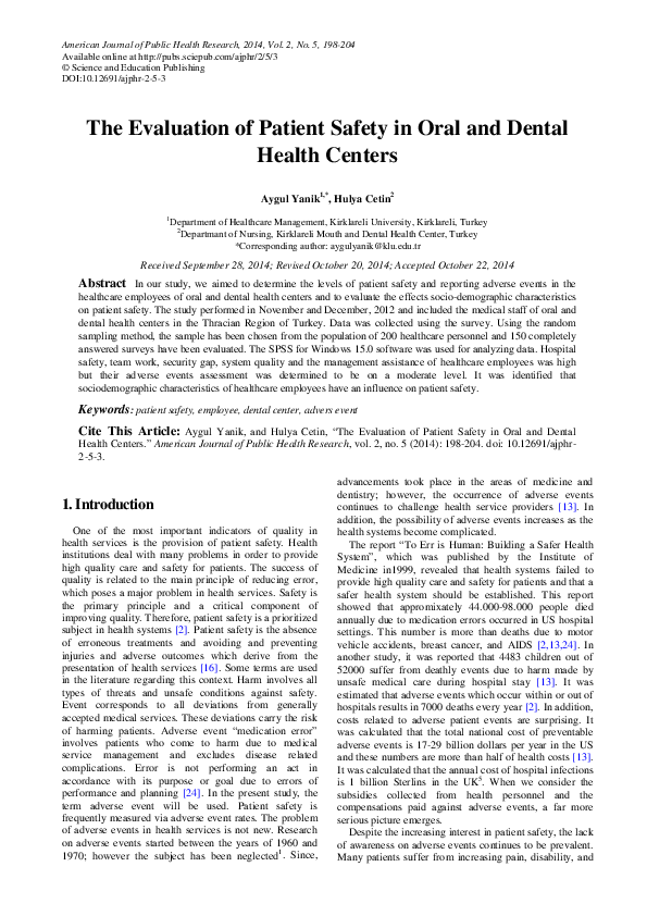 (PDF) The Evaluation of Patient Safety in Oral and Dental Health Centers