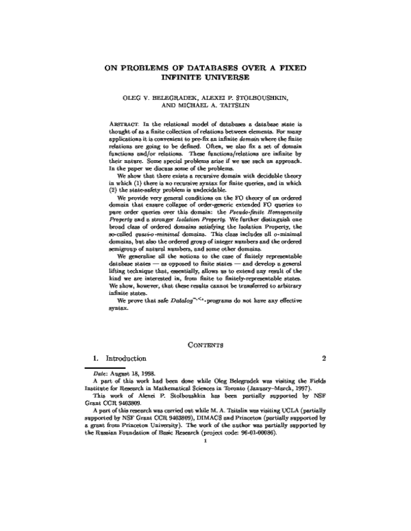 (PDF) On problems of databases over a fixed infinite universe