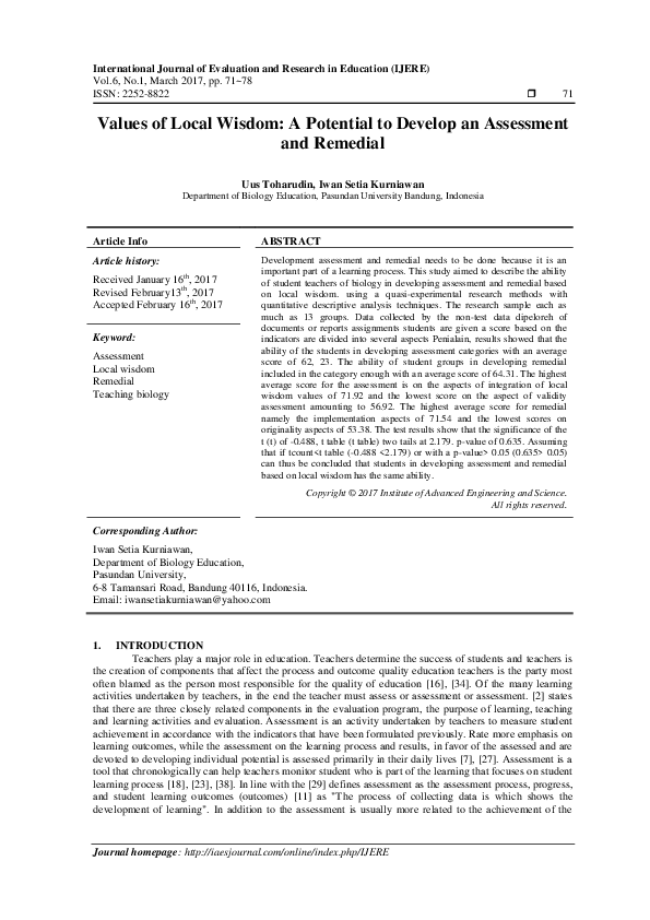 (PDF) Values of Local Wisdom: A Potential to Develop an Assessment and ...