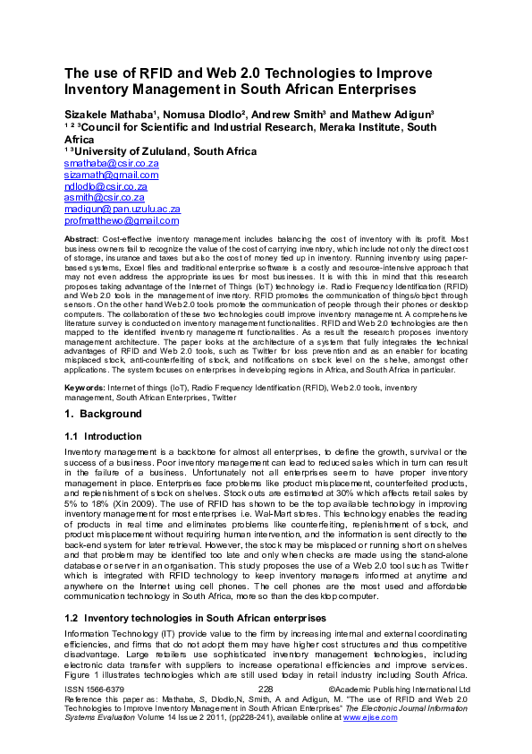 (PDF) The use of RFID and  2.0 Technologies to Improve Inventory Management in South African