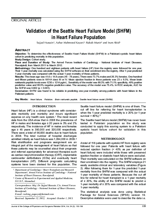 (PDF) Validation of the Seattle Heart Failure Model (SHFM) in heart ...