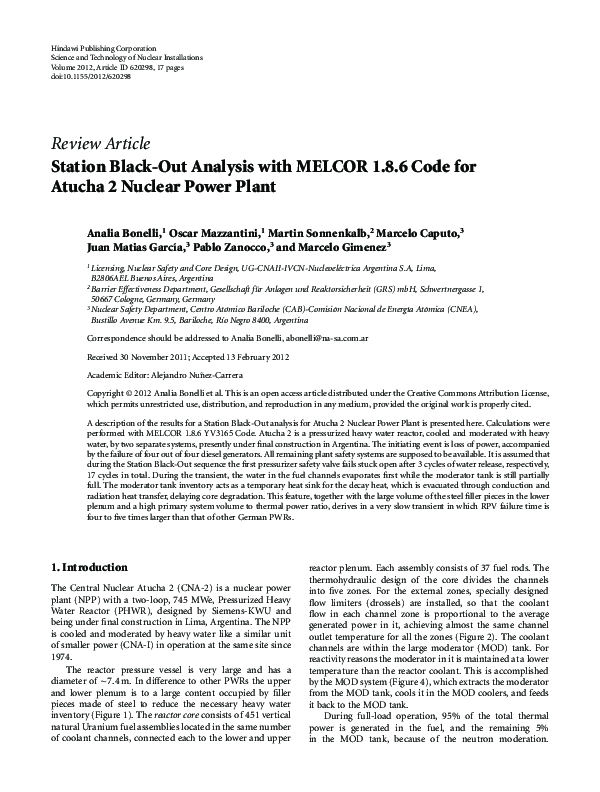 (PDF) Station Black-Out Analysis with MELCOR 1.8.6 Code for Atucha 2 ...