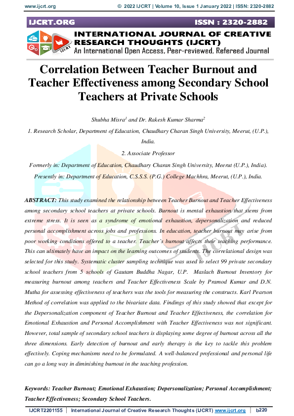 (PDF) Correlation Between Teacher Burnout and Teacher Effectiveness ...