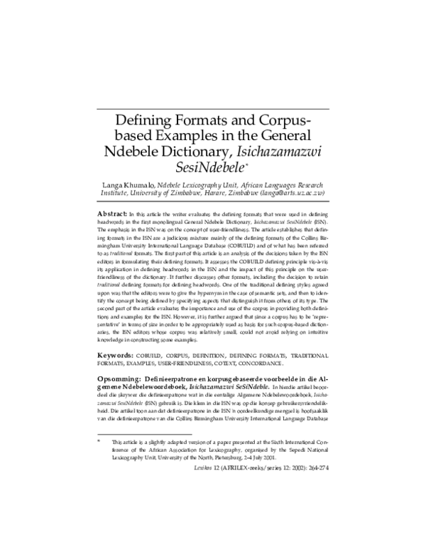 (PDF) Defining Formats and Corpusbased Examples in the General Ndebele
