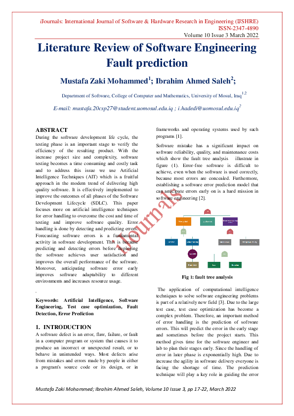(PDF) Literature Review of Software Engineering Fault prediction