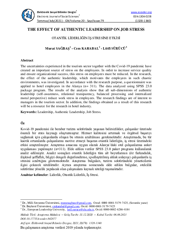 (PDF) The Effect of Authentic Leadership on Job Stress | Murat Sağbaş ...