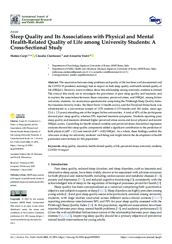 (PDF) Sleep Quality and Its Associations with Physical and Mental ...