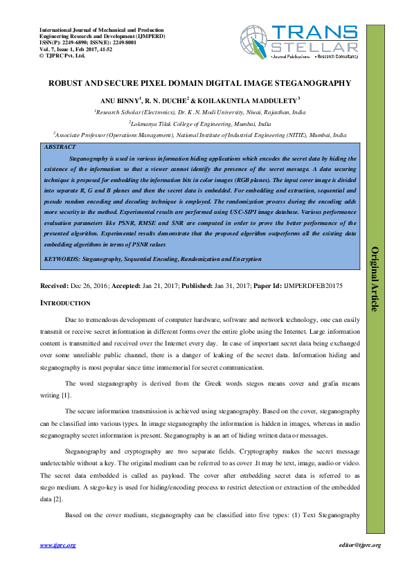 (PDF) Robust and Secure Pixel Domain Digital Image Steganography