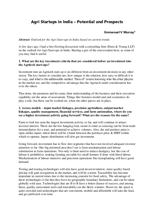 (PDF) Agri Startups in India -Potential and Prospects