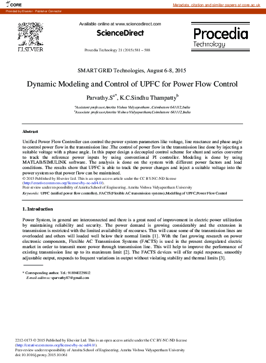 (PDF) Dynamic Modeling and Control of UPFC for Power Flow Control