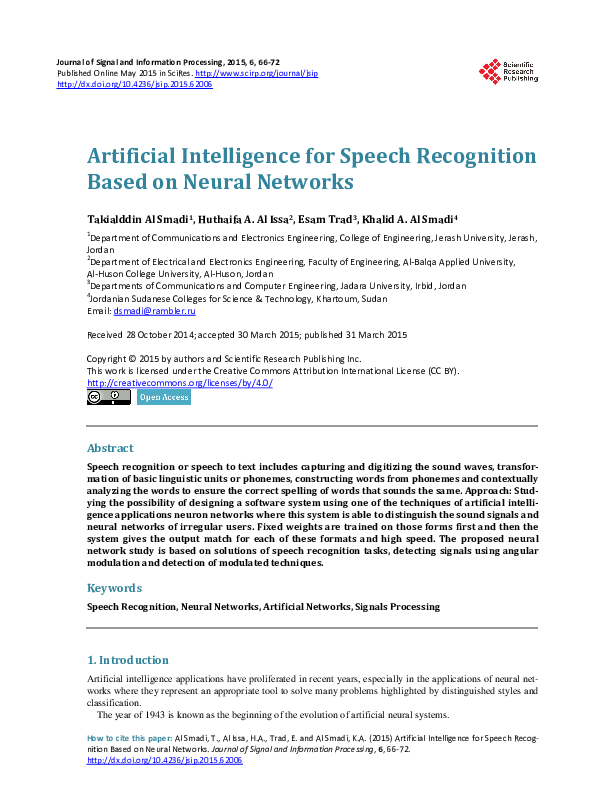 (PDF) Artificial Intelligence for Speech Recognition Based on Neural ...