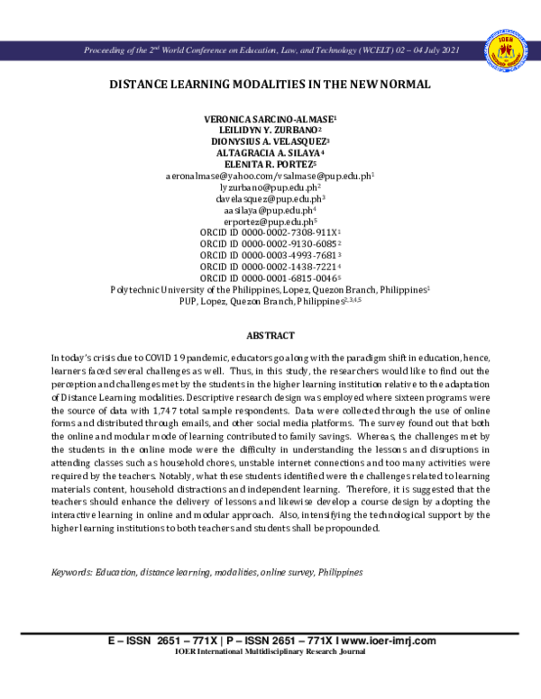 (PDF) Distance Learning Modalities in the New Normal