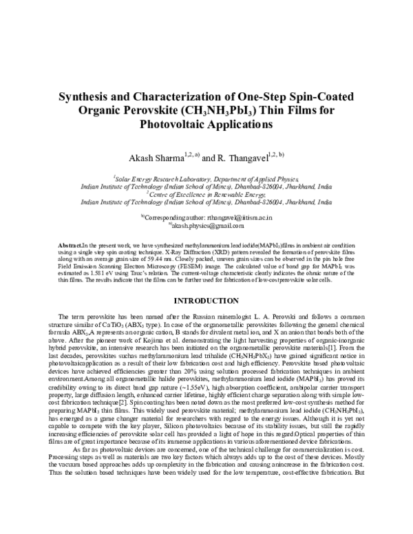 (PDF) Synthesis and characterization of one-step spin-coated organic ...
