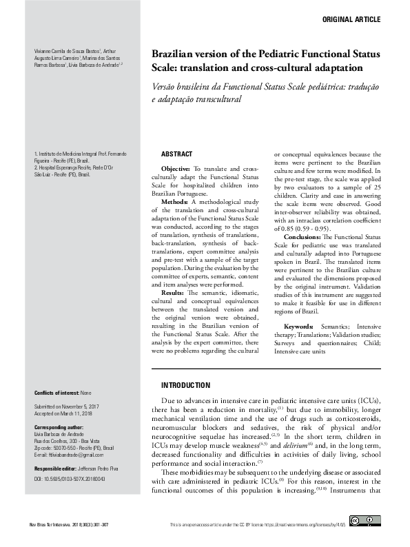 (PDF) Brazilian version of the Pediatric Functional Status Scale ...