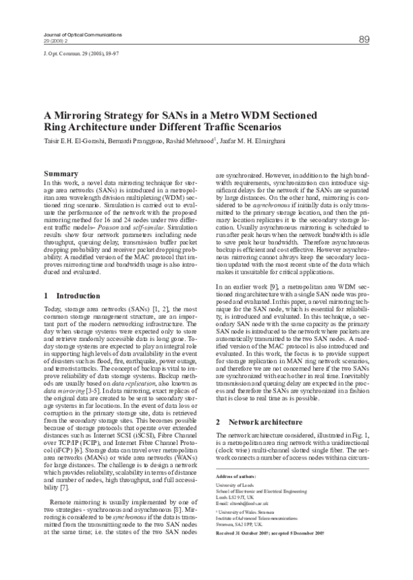 (PDF) A Mirroring Strategy for SANs in a Metro WDM Sectioned Ring ...