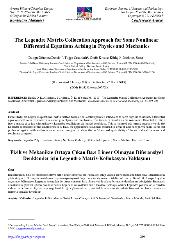(PDF) The Legendre Matrix-Collocation Approach for Some Nonlinear ...