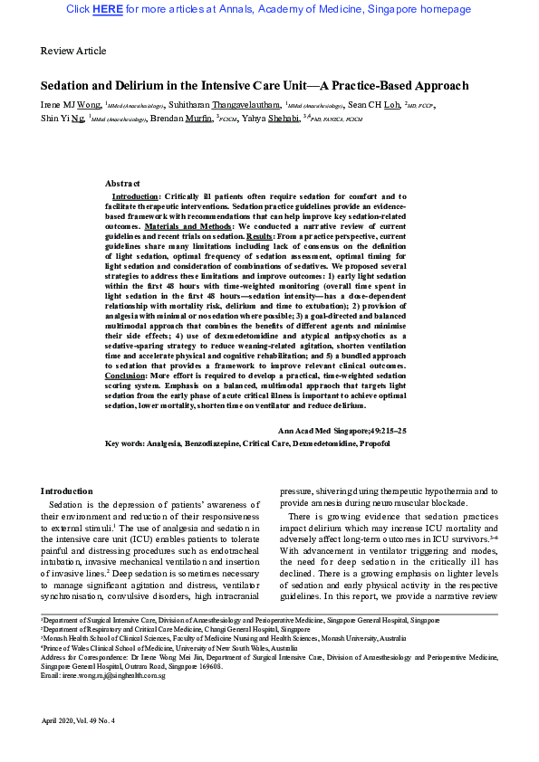 (PDF) Sedation and Delirium in the Intensive Care Unit—A Practice-Based ...