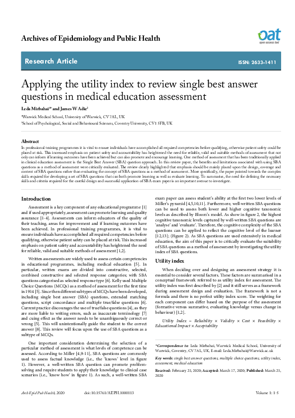 (PDF) Applying the utility index to review single best answer questions ...