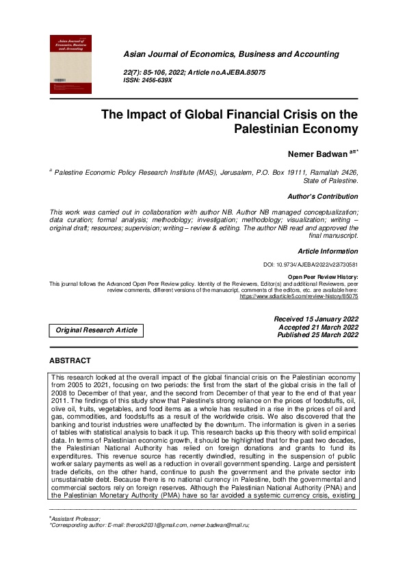 (PDF) The Impact of Global Financial Crisis on the Palestinian Economy