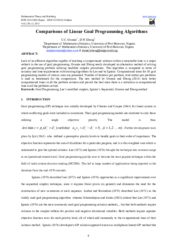 (PDF) Comparisons of Linear Goal Programming Algorithms