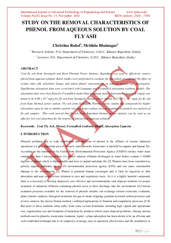 (PDF) Study on the Removal Characteristics of Phenol from Aqueous ...