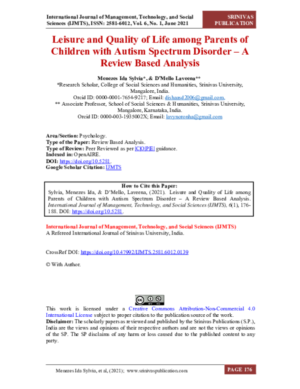 (PDF) Leisure and Quality of Life among Parents of Children with Autism ...