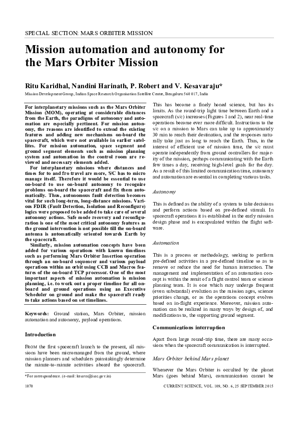 (PDF) Mission automation and autonomy for the Mars Orbiter Mission
